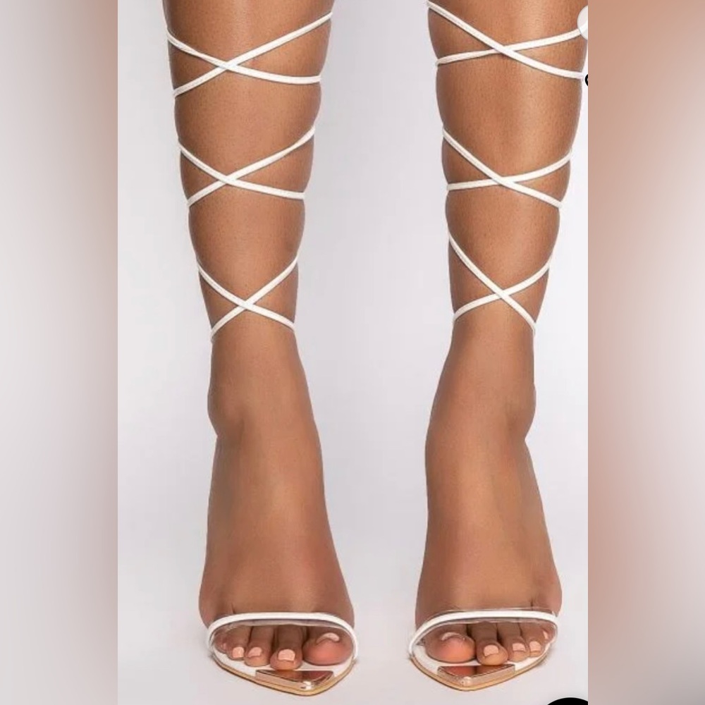White and gold toe strappy stiletto sandals